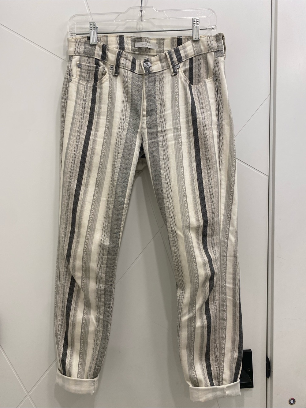 7 For All Mankind | Silver Grey White Striped Skinny Jeans Size 27 | Denim
